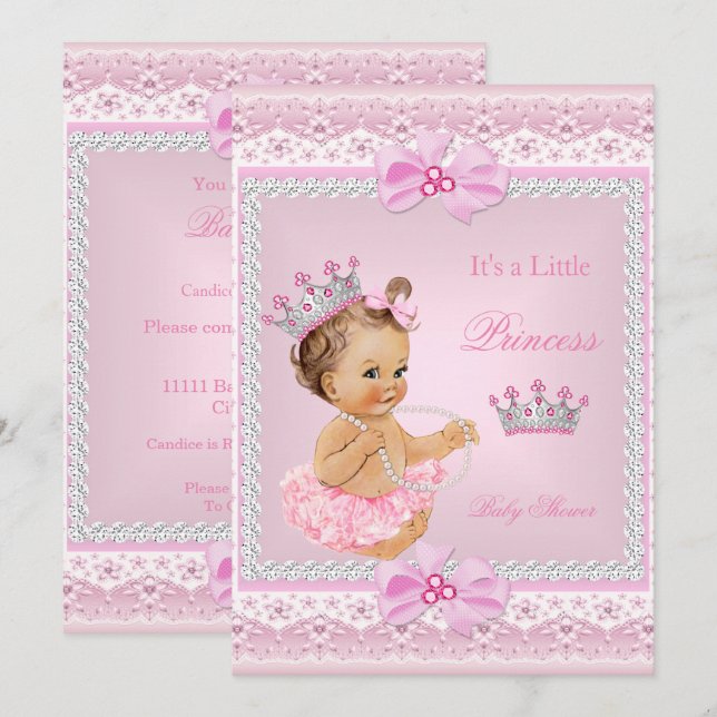 Invitation Tiara Girl Princess Baby shower Perles roses Brown (Devant / Derrière)