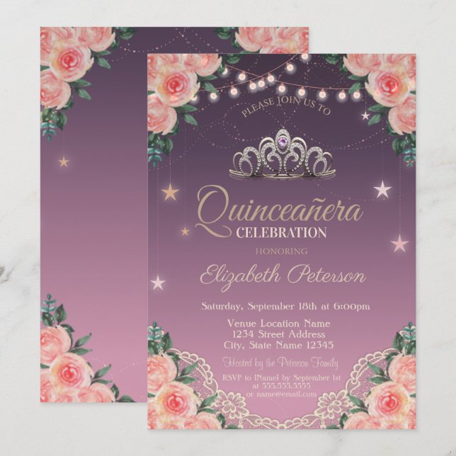 Invitation Tiara, Lumières à cordes, Dentelle, Quinceañera Ro (Devant / Derrière)