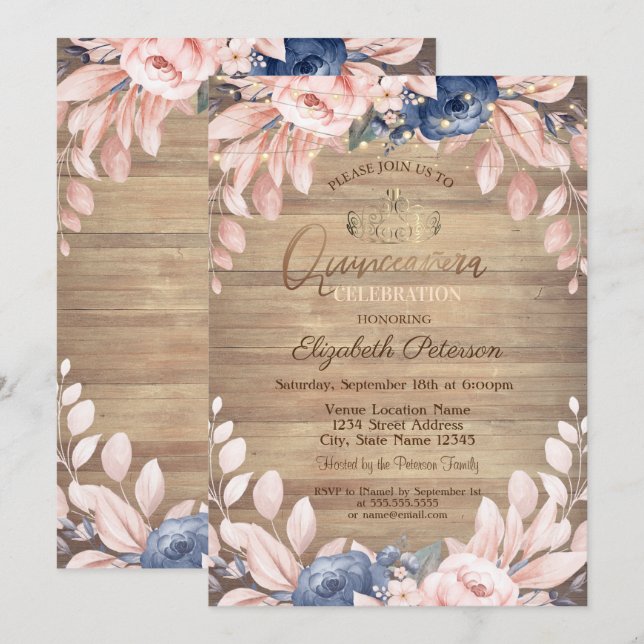 Invitation Tiara, Lumières à cordes, Fleurs Bleues Bois Quinc (Devant / Derrière)