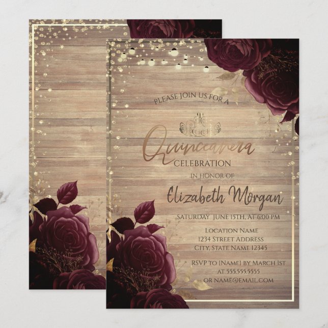 Invitation Tiara, Lumières, Bois Bourgogne Roses Quinceañera (Devant / Derrière)
