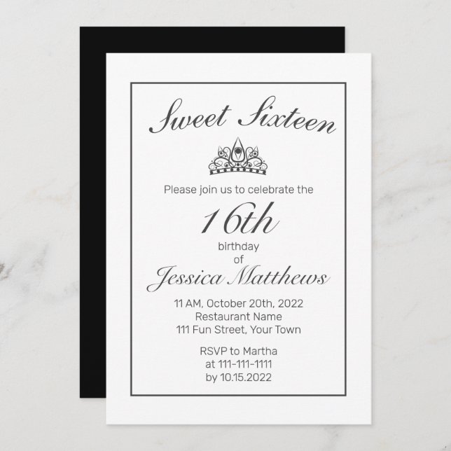 Invitation Tiara Moderne minimaliste blanc noir doux 16 (Devant / Derrière)