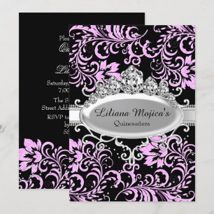 Invitation Tiara noir rose & Parties scintillant Quinceanera 