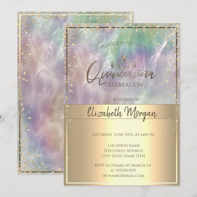 Invitation Tiara or, Diamants Holographique Pearl Quinceañera (Devant / Derrière)
