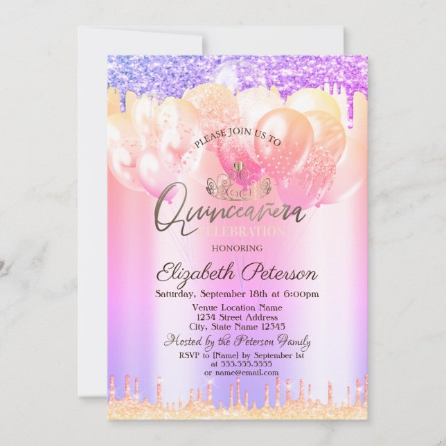 Invitation Tiara, Parties scintillant Ballons Ombre Quinceañe (Devant)