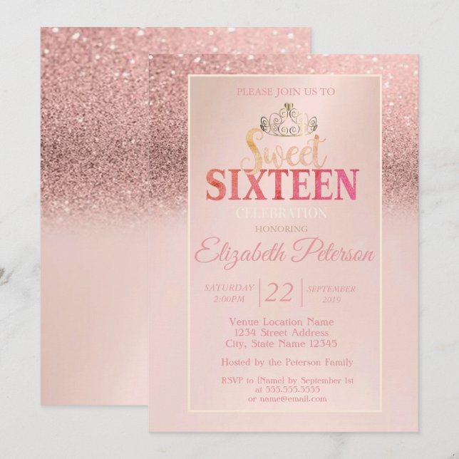Invitation Tiara, Parties scintillant or Rose Bokeh Ombre Swe (Devant / Derrière)