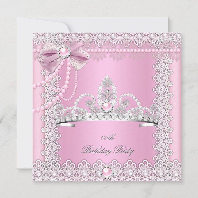 Invitation Tiara Pink White Pearl Lace Bow Anniversaire fête  (Devant)