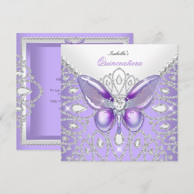 Invitation Tiara Quinceanera 15e Diamants Papillon pourpre (Devant / Derrière)