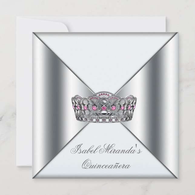 Invitation Tiara Quinceanera, 15e parti, rose blanc (Devant)