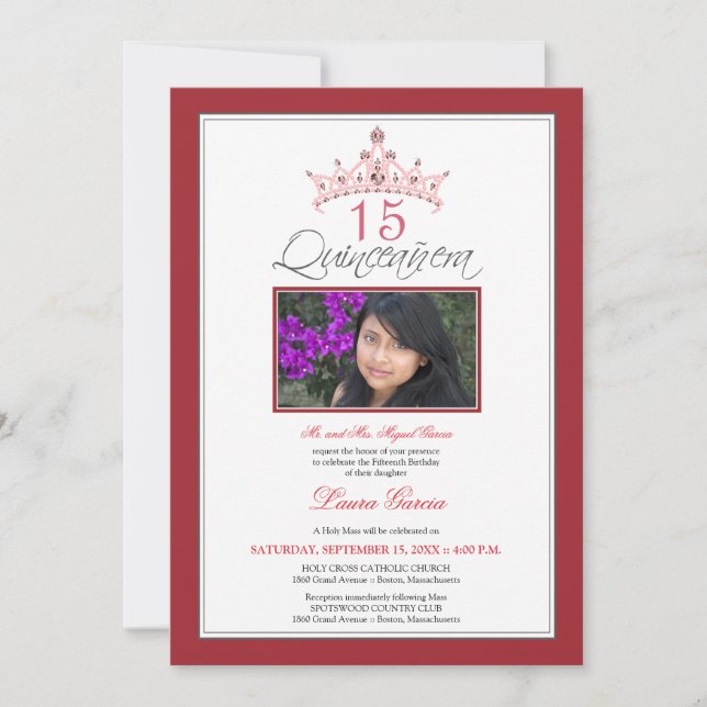 Invitation Tiara Quinceanera à bijoux roses (rouge (Devant)