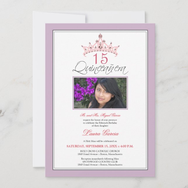 Invitation Tiara Quinceanera à bijoux roses (viole (Devant)