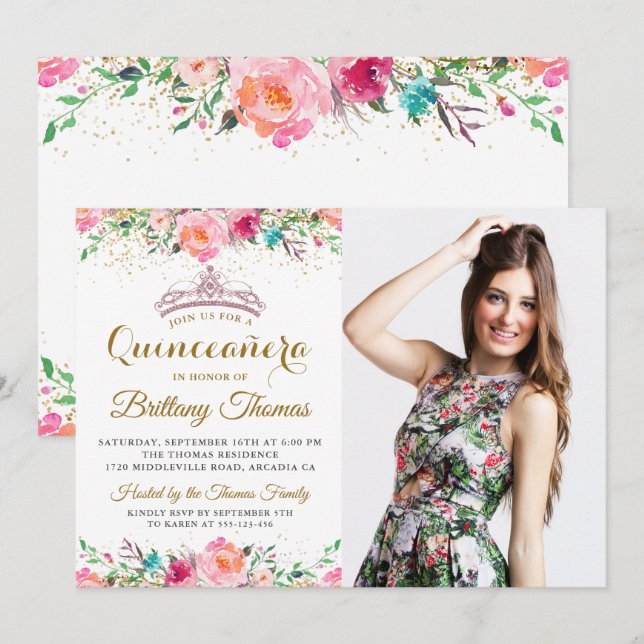 Invitation Tiara Quinceanera rose florale 15e anniversaire Ph (Devant / Derrière)
