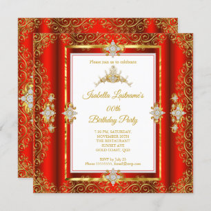 Invitation Tiara Red Damask Gold White Anniversaire Party
