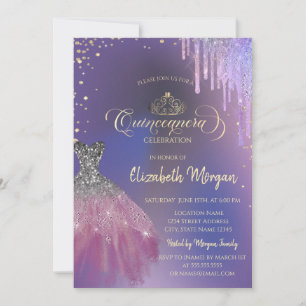 Invitation Tiara, robe chic gouttes violettes Quinceañera