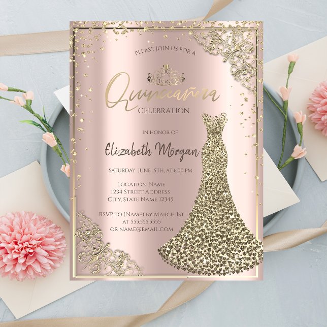 Invitation Tiara, Robe de Diamants, Rose Gold Quinceañera (Créateur téléchargé)