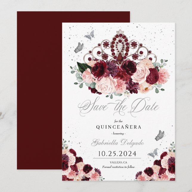 Invitation Tiara Rose Bourgogne Sauvez La Date Quinceañera (Devant / Derrière)