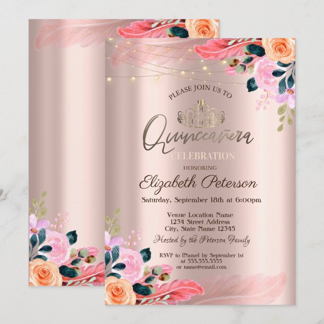 Invitation Tiara, Rose de plumes de fleurs or Quinceañera (Devant / Derrière)