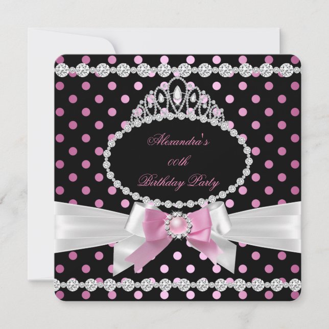 Invitation Tiara Rose noir Pois fête d'anniversaire (Devant)