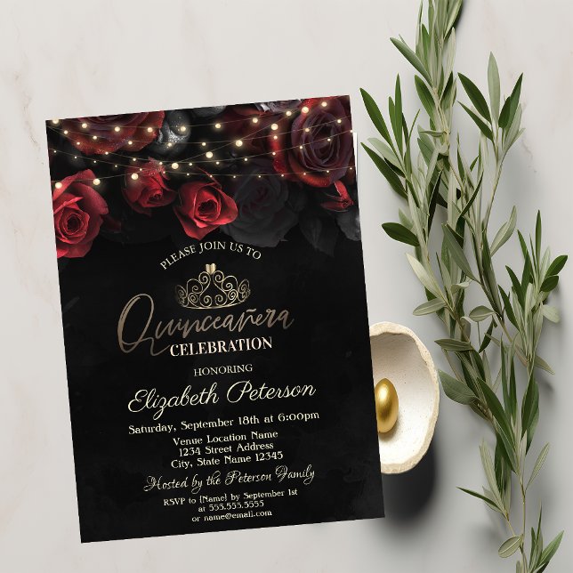 Invitation Tiara, Roses de lumières à cordes Noir Quinceañera (Créateur téléchargé)