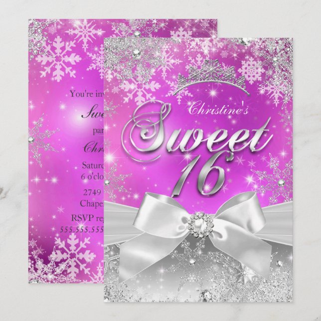 Invitation Tiara Sweet 16 Hot Pink Winter Wonderland (Devant / Derrière)