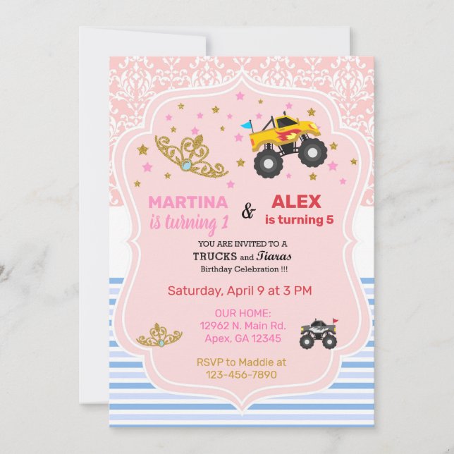Invitation Tiaras et monstre camion frères et soeurs invitati (Devant)