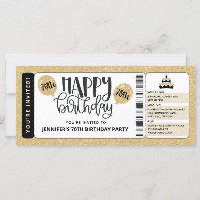 Invitation Ticket Anniversaire 70 ans Black Gold G (Devant)