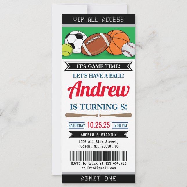 Invitation Ticket d'anniversaire personnalisé All Star Sports (Devant)