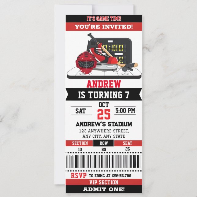 Invitation Ticket de jeu de hockey personnalisé fête d'annive (Devant)