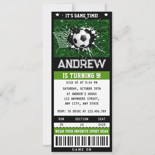 Invitation Ticket de soccer personnalisé Anniversaire Fournit (Devant)