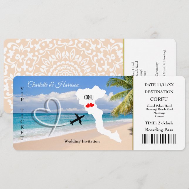 Invitation Ticket Pass Mariage Destination Corfou (Devant / Derrière)