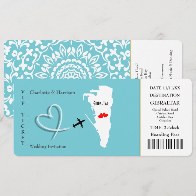 Invitation Ticket Pass Mariage Destination Gibraltar (Devant / Derrière)