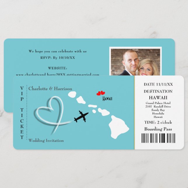 Invitation Ticket Pass Mariage Destination Hawaii (Devant / Derrière)
