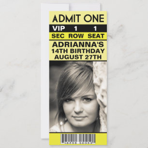 Invitation Ticket photo VIP jaune citron fête d'anniversaire