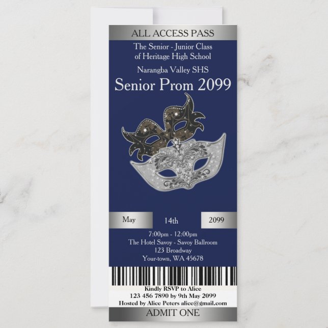 Invitation Ticket Prom Trend,Masquerade,easy DIY (Front)