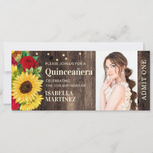 Invitation Ticket Quinceañera Bottes de Soleil Rustique Roses