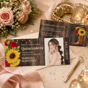 Invitation Ticket Quinceañera Bottes de Soleil Rustique Roses