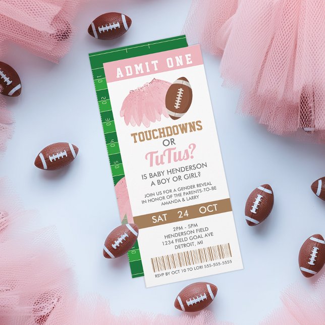 Invitation Ticket Touchdowns ou Tutus Gender Reveal (Touchdowns or Tutus Gender Reveal Ticket Invitation)