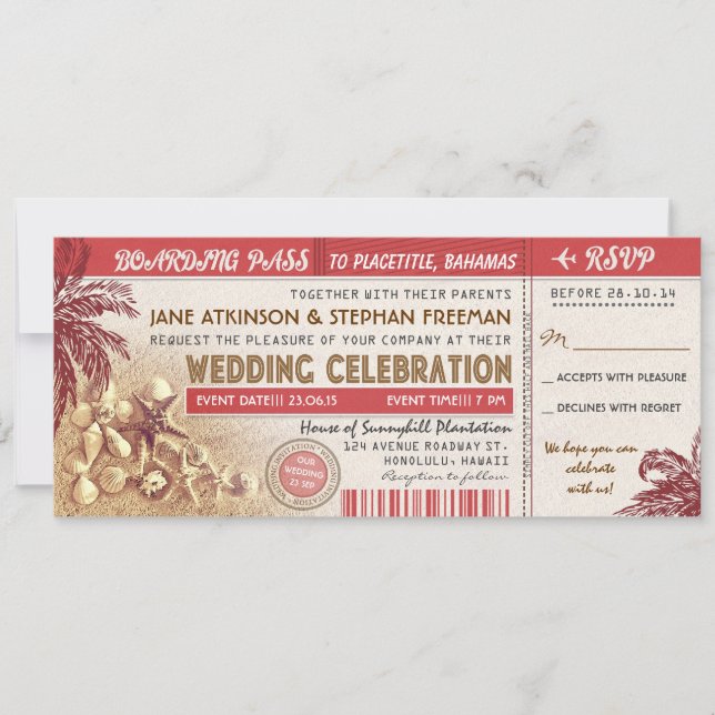 Invitation tickets d'embarquement mariage palms (Devant)
