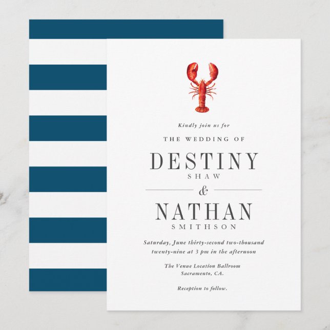 Invitation Tide rouge| Lobster Theme Mariage Navy| Blanc (Devant / Derrière)