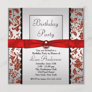 Invitation Tie Bow Rouge & Noir Damassé Anniversaire