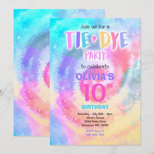 Invitation Tie Dye fête d'anniversaire Bright Tie Dye Hippy P (Devant / Derrière)