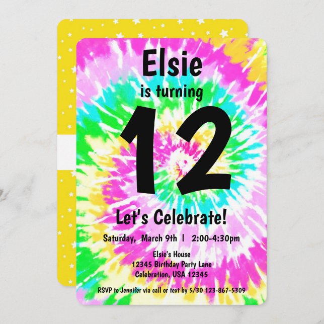 Invitation Tie Dye Fille fête d'anniversaire (Devant / Derrière)