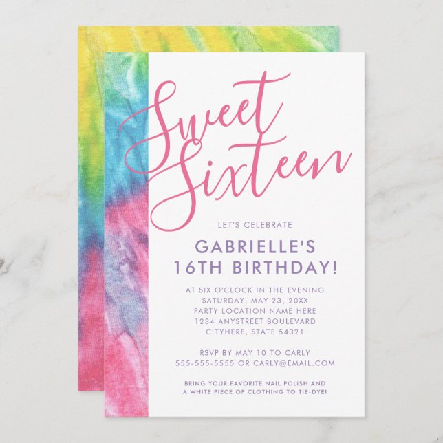 Invitation Tie Dye Hippy Chic Rose Turquoise Sweet 16 Anniver (Devant / Derrière)