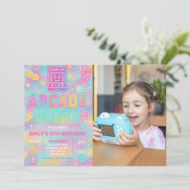 Invitation Tie Dye Neon Glow Arcade Party Anniversaire Photo (Debout devant)