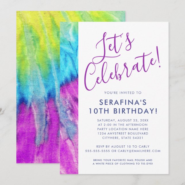 Invitation Tie Dye Neon Purple Aqua Lime N'importe quel âge A (Devant / Derrière)