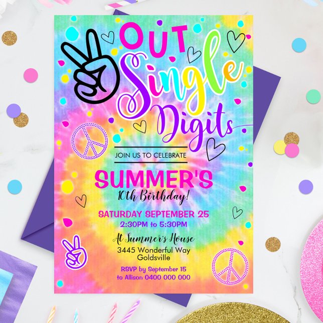 Invitation Tie Dye Peace Out Chiffres Simples 10e (Peace out Single Digits 10th Birthday Invitation. Rainbow Tie Dye Hippy Design)