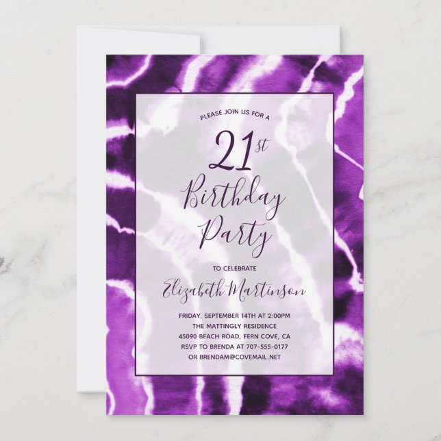 Invitation Tie teinture de marbre violet moderne 21ème annive (Devant)