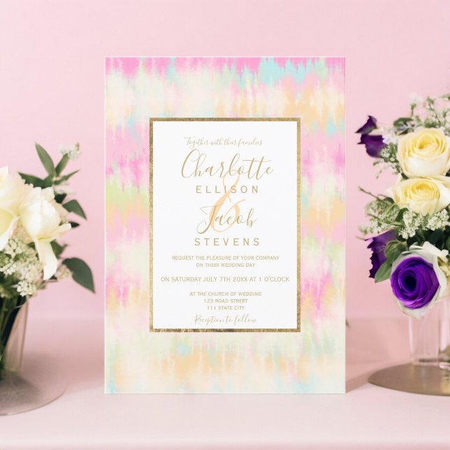 Invitation Tie teinture pastel hippie chic script or mariage (Tie dye pastel hippie chic gold script wedding invitation)