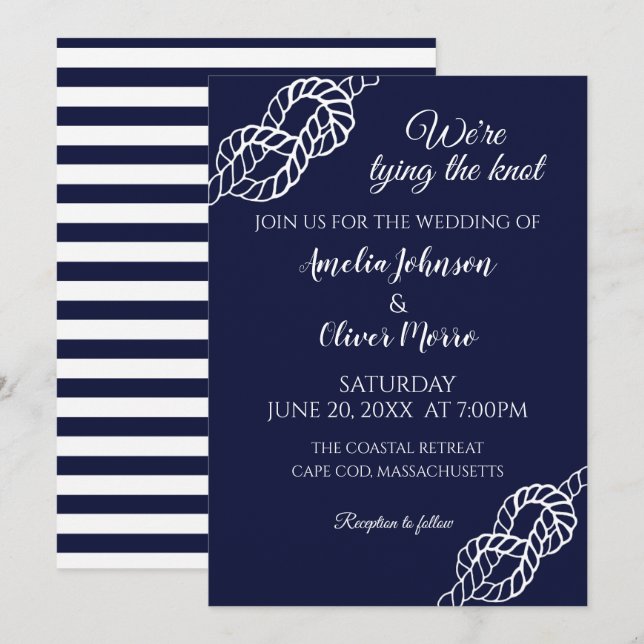 Invitation Tied The Knot Nautical Rope White Navy Wedding (Devant / Derrière)