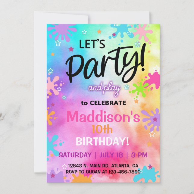 Invitation TieDye & Slime Girl Birthday invitation. (Devant)