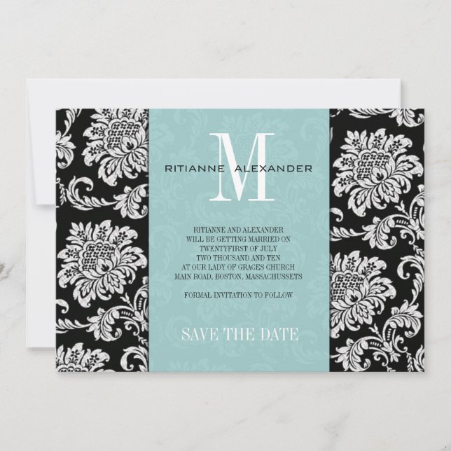 Invitation Tiffany Black Monogram Damask Sauver la Date (Devant)